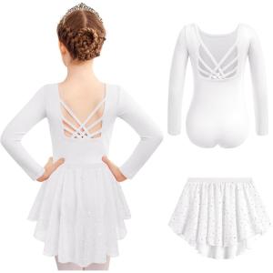 Zaclotre Ballet Leotards for Girls Long Sleeve Crisscross Back Dance Outfit with Removable Shiny Skirt Leotard Combo(White)