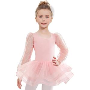 Zaclotre Ballet Leotards for Girls Mesh Long Sleeve Toddler Tutu Dress Dance Outfit Ballerina Costume(Ballet Pink)