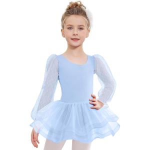 Zaclotre Ballet Leotards for Girls Mesh Long Sleeve Toddler Tutu Dress Dance Outfit Ballerina Costume(Blue)