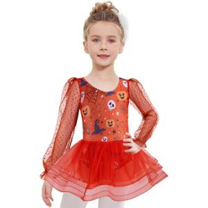 Zaclotre Ballet Leotards for Girls Mesh Long Sleeve Toddler Tutu Dress Dance Outfit Ballerina Costume(Halloween Orange)