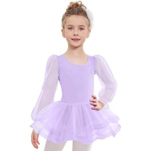 Zaclotre Ballet Leotards for Girls Mesh Long Sleeve Toddler Tutu Dress Dance Outfit Ballerina Costume(Lilac)