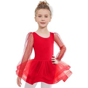 Zaclotre Ballet Leotards for Girls Mesh Long Sleeve Toddler Tutu Dress Dance Outfit Ballerina Costume(Red)