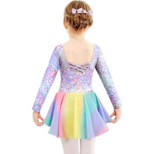 Zaclotre Ballet Leotards for Girls Toddler Classic Long Sleeve Criss-Cross Back Dance Dress Ballerina Outfits(Rainbow Leopard)