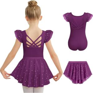 Zaclotre Ballet Leotards for Girls Toddler Ruffle Sleeve Crisscross Back Dance Dress Outfit with Removable Skirt Combo(Dark Purple)