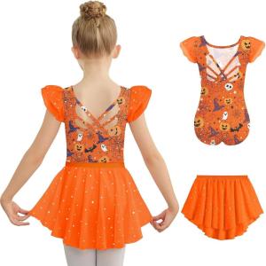 Zaclotre Ballet Leotards for Girls Toddler Ruffle Sleeve Crisscross Back Dance Dress Outfit with Removable Skirt Combo(Halloween)