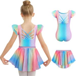 Zaclotre Ballet Leotards for Girls Toddler Ruffle Sleeve Crisscross Back Dance Dress Outfit with Removable Skirt Combo(Rainbow Mermaid)