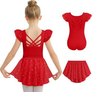Zaclotre Ballet Leotards for Girls Toddler Ruffle Sleeve Crisscross Back Dance Dress Outfit with Removable Skirt Combo(Red)