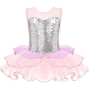 Zaclotre Ballet Leotards for Girls Toddler Sequin Sleevesless Mesh Tutu Dress Ballerina Dance Outfits(Pink Purple)