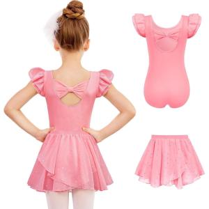 Zaclotre Ballet Leotards for Girls with Removable Skirt Toddler Ruffle Sleeve Bow Back Dance Dress Combo(Dark Pink)