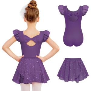 Zaclotre Ballet Leotards for Girls with Removable Skirt Toddler Ruffle Sleeve Bow Back Dance Dress Combo(Purple)
