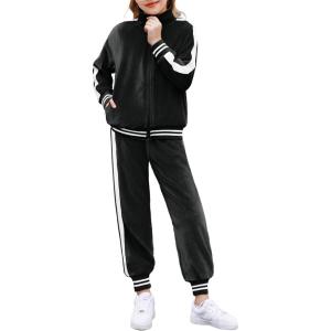 Zaclotre Girls 2 Piece Outfits Velour Tracksuit Zip Up Sweatshirt and Jogger Sweatpants Fall Winter Sweatsuits Set(Black)