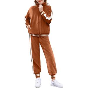 Zaclotre Girls 2 Piece Outfits Velour Tracksuit Zip Up Sweatshirt and Jogger Sweatpants Fall Winter Sweatsuits Set(Caramel)