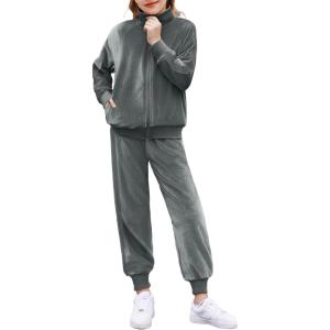 Zaclotre Girls 2 Piece Outfits Velour Tracksuit Zip Up Sweatshirt and Jogger Sweatpants Fall Winter Sweatsuits Set(Dark Grey)