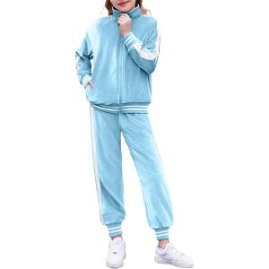 Zaclotre Girls 2 Piece Outfits Velour Tracksuit Zip Up Sweatshirt and Jogger Sweatpants Fall Winter Sweatsuits Set(Light Blue)
