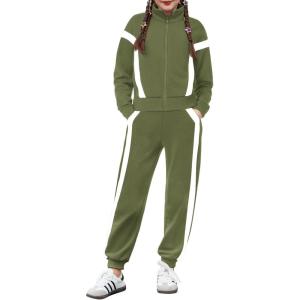 Zaclotre Girl’s 2 Piece Outfits Zip Up Sweatsuit Contrast Striped Sweatshirt Sweatpant Sets Jogging Track Suit(Army Green)