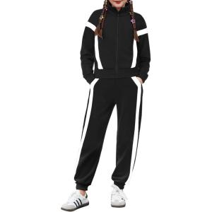 Zaclotre Girl’s 2 Piece Outfits Zip Up Sweatsuit Contrast Striped Sweatshirt Sweatpant Sets Jogging Track Suit(Black)