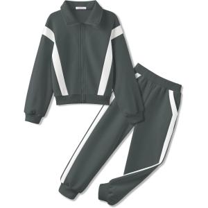Zaclotre Girl’s 2 Piece Outfits Zip Up Sweatsuit Contrast Striped Sweatshirt Sweatpant Sets Jogging Track Suit(Gray)