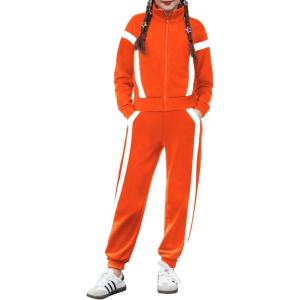 Zaclotre Girl’s 2 Piece Outfits Zip Up Sweatsuit Contrast Striped Sweatshirt Sweatpant Sets Jogging Track Suit(Orange)