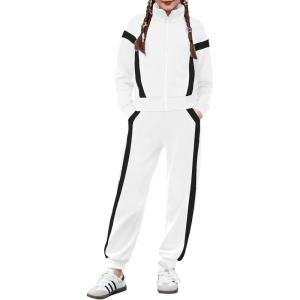 Zaclotre Girl’s 2 Piece Outfits Zip Up Sweatsuit Contrast Striped Sweatshirt Sweatpant Sets Jogging Track Suit(White)