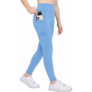 Zaclotre Girls Athletic Leggings with 4 Pockets High Waist Tights Kids Workout Yoga Pants for Running Dance(Light Blue)