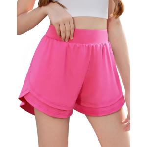 Zaclotre Girls Athletic Shorts with Pockets Crossover Triple Layered 2 in 1 Kids Sport Cheer Workout Running Shorts(Hot Pink)