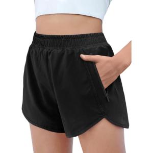 Zaclotre Girls Athletic Shorts with Zipper Pockets High Waisted Running Shorts Soccer Gym Sports Active Short for Kids(Black)
