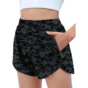 Zaclotre Girls Athletic Shorts with Zipper Pockets High Waisted Running Shorts Soccer Gym Sports Active Short for Kids(Black Camouflage)
