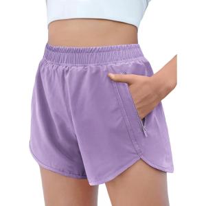 Zaclotre Girls Athletic Shorts with Zipper Pockets High Waisted Running Shorts Soccer Gym Sports Active Short for Kids(Lavender)