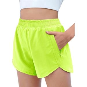 Zaclotre Girls Athletic Shorts with Zipper Pockets High Waisted Running Shorts Soccer Gym Sports Active Short for Kids(Neongreen)
