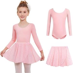 Zaclotre Girls Ballet Leotards 2Pcs Long Sleeve Shiny Squins Dance Dresses Toddler Ballerina Outfit for 3-11Y(Ballet Pink)