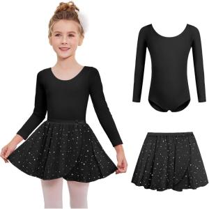Zaclotre Girls Ballet Leotards 2Pcs Long Sleeve Shiny Squins Dance Dresses Toddler Ballerina Outfit for 3-11Y(Black)