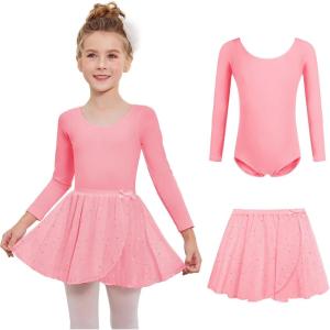 Zaclotre Girls Ballet Leotards 2Pcs Long Sleeve Shiny Squins Dance Dresses Toddler Ballerina Outfit for 3-11Y(Dark Pink)