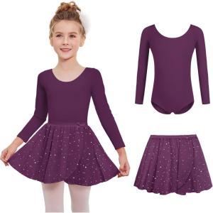 Zaclotre Girls Ballet Leotards 2Pcs Long Sleeve Shiny Squins Dance Dresses Toddler Ballerina Outfit for 3-11Y(Dark Purple)