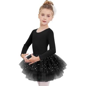 Zaclotre Girls Ballet Leotards 4-Layers Tiered Long Sleeve Dance Tutu Dresses Party Costumes for Ballerina(Black)