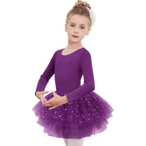 Zaclotre Girls Ballet Leotards 4-Layers Tiered Long Sleeve Dance Tutu Dresses Party Costumes for Ballerina(Dark Purple)