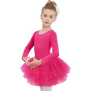 Zaclotre Girls Ballet Leotards 4-Layers Tiered Long Sleeve Dance Tutu Dresses Party Costumes for Ballerina(Hot Pink)