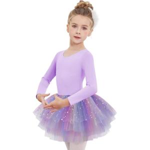Zaclotre Girls Ballet Leotards 4-Layers Tiered Long Sleeve Dance Tutu Dresses Party Costumes for Ballerina(Purple-rainbow)