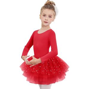 Zaclotre Girls Ballet Leotards 4-Layers Tiered Long Sleeve Dance Tutu Dresses Party Costumes for Ballerina(Red)
