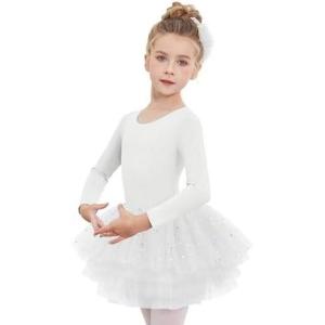 Zaclotre Girls Ballet Leotards 4-Layers Tiered Long Sleeve Dance Tutu Dresses Party Costumes for Ballerina(White)