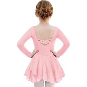 Zaclotre Girls Ballet Leotards Long Sleeve Shiny Skirted Crisscross Back Toddler Leotard Dresses Dance Outfits(Ballet Pink)