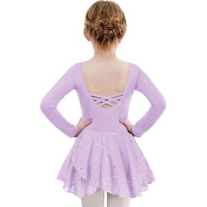 Zaclotre Girls Ballet Leotards Long Sleeve Shiny Skirted Crisscross Back Toddler Leotard Dresses Dance Outfits(Lilac)