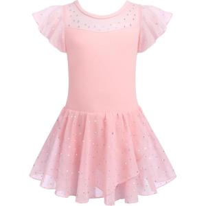 Zaclotre Girls Ballet Leotards Ruffle Sleeve Sparkle Dance Leotard Toddler Ballerina Dress Outfits(Ballet Pink)