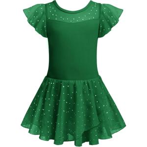 Zaclotre Girls Ballet Leotards Ruffle Sleeve Sparkle Dance Leotard Toddler Ballerina Dress Outfits(Dark Green)