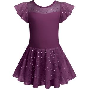 Zaclotre Girls Ballet Leotards Ruffle Sleeve Sparkle Dance Leotard Toddler Ballerina Dress Outfits(Dark Purple)