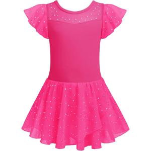 Zaclotre Girls Ballet Leotards Ruffle Sleeve Sparkle Dance Leotard Toddler Ballerina Dress Outfits(Hot Pink)