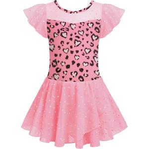 Zaclotre Girls Ballet Leotards Ruffle Sleeve Sparkle Dance Leotard Toddler Ballerina Dress Outfits(Pink Leopard)