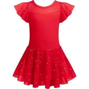 Zaclotre Girls Ballet Leotards Ruffle Sleeve Sparkle Dance Leotard Toddler Ballerina Dress Outfits(Red)