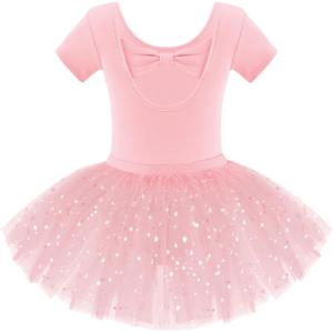 Zaclotre Girls Ballet Leotards Short Sleeve Bow Back Tutu Ballerina Costume Toddler Dance Dress Outfit Combo(Ballet Pink)