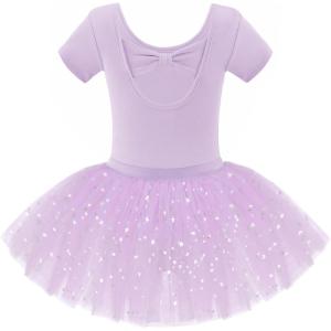 Zaclotre Girls Ballet Leotards Short Sleeve Bow Back Tutu Ballerina Costume Toddler Dance Dress Outfit Combo(Purple)