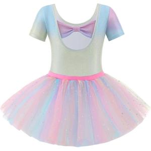 Zaclotre Girls Ballet Leotards Short Sleeve Bow Back Tutu Ballerina Costume Toddler Dance Dress Outfit Combo(Sparkle Rainbow)